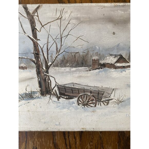 Vintage Winter Landscape Canvas Painting With Barn & Wagon Scene - Picture 3 of 8